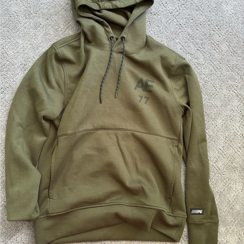 American Eagle Outfitters Olive Green Pullover Hoodie with AE 77 Chest Print